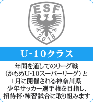 【U-10クラス】年間を通してのリーグ戦（かもめU-10スーパーリーグ）と、1月に開催される神奈川県少年サッカー選手権を目指して、招待杯や練習試合に取り組んでいきます。